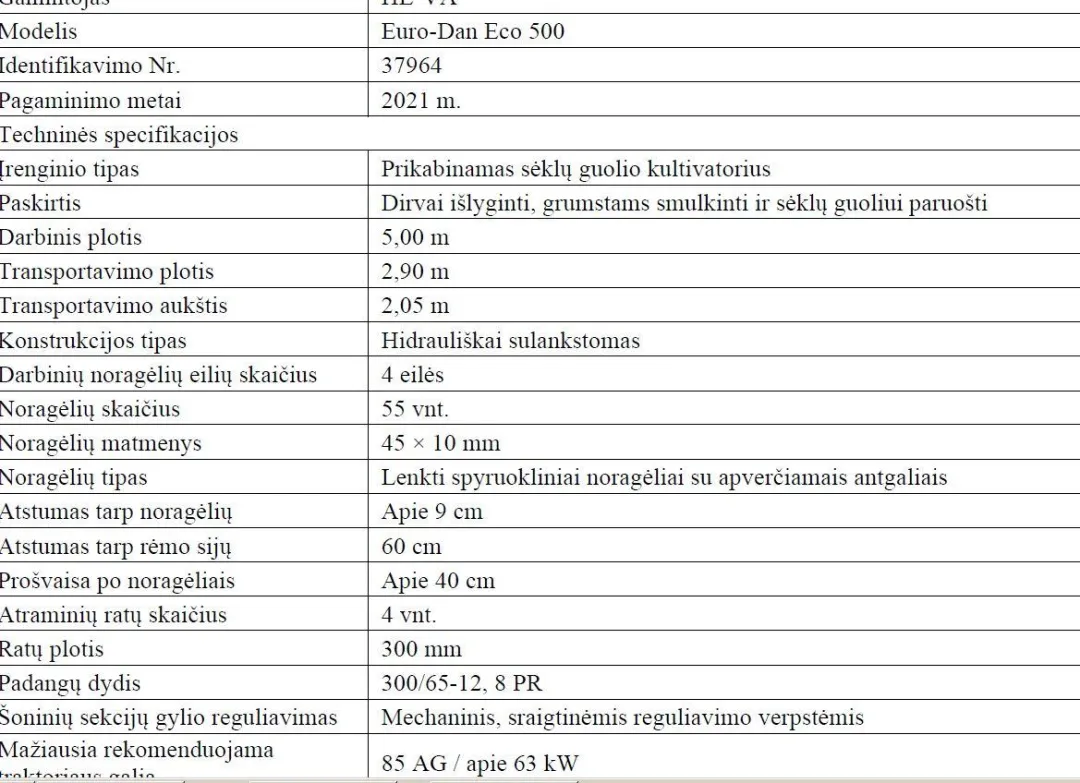 Prikabinamas kultivatorius He-VA Euro-Dan Eco 500, 2021 m.
